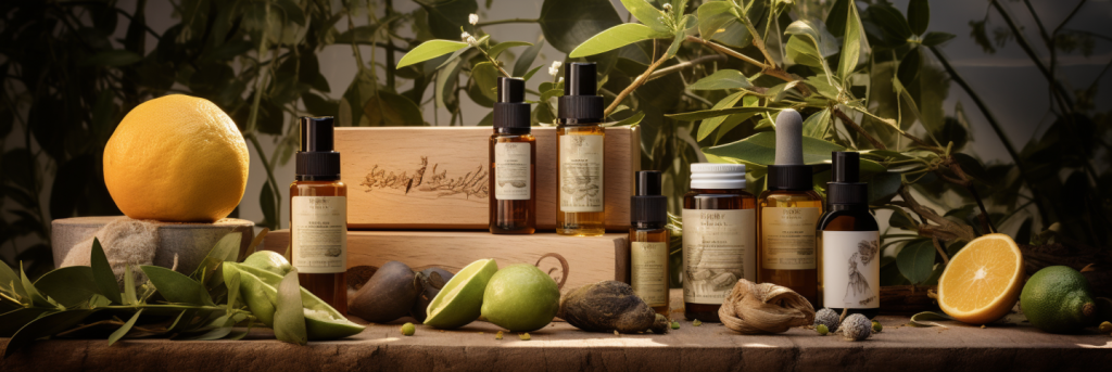 Assortment of natural skincare products displayed amidst green leaves and wooden elements