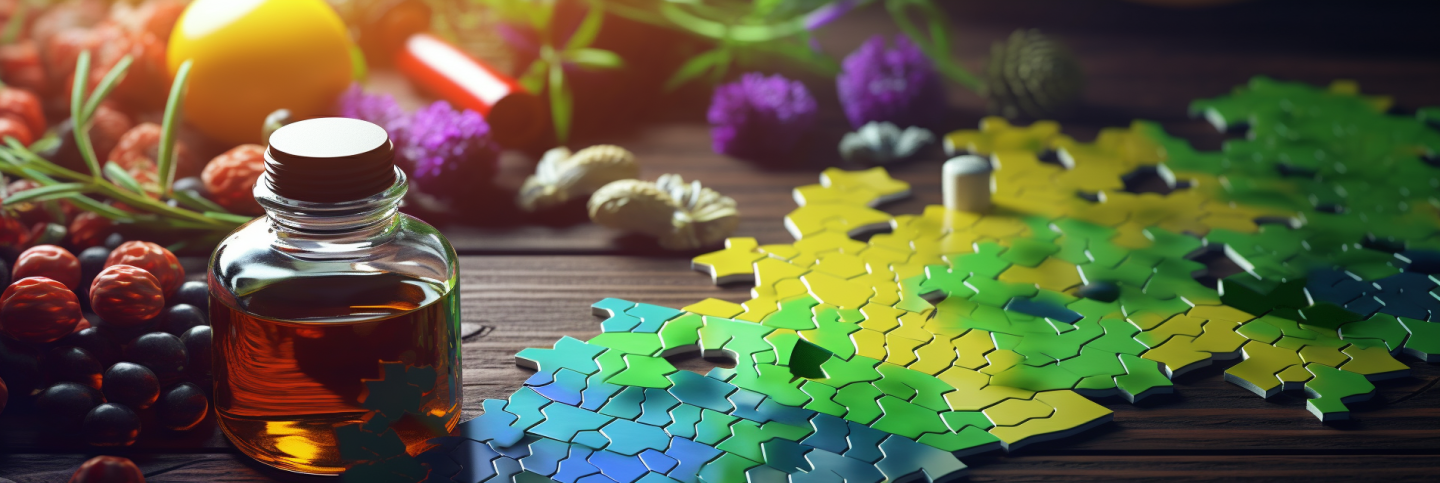 Colorful puzzle pieces coming together to form a chemical bottle, symbolizing the unraveling of the 'What are parabens?' puzzle and the exploration of their presence in personal care products