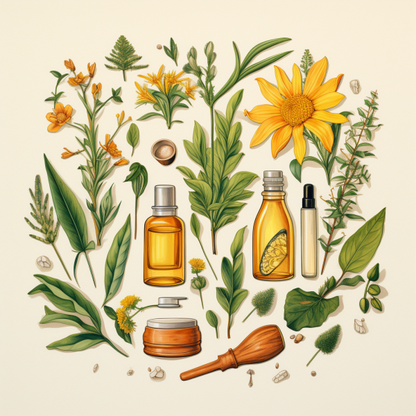 A whimsical cartoon illustration showcasing flowers and plants harmoniously integrated with beauty products, a visual representation of natural skincare science