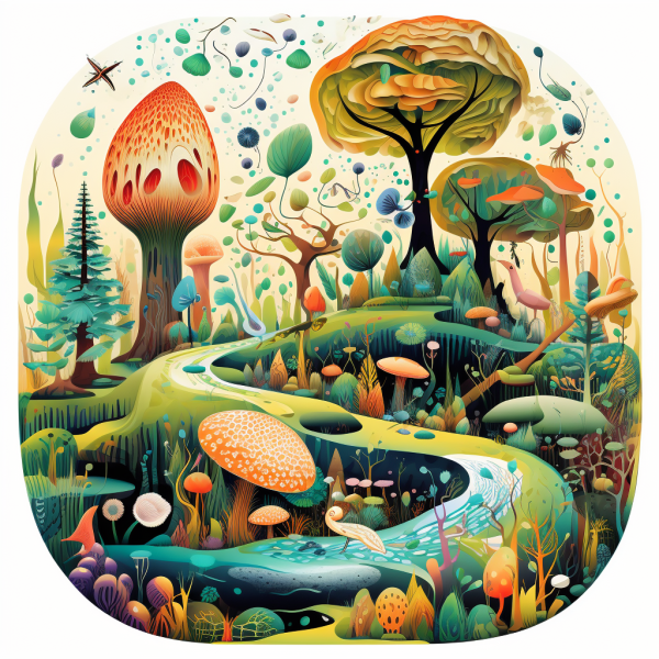A quirky cartoon illustration depicting the symbiotic relationship between nature and the microbiome, a lesser-explored aspect of natural skincare science