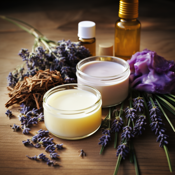 Lavender sprigs next to a container of natural skincare product, illustrating the use of botanical elements in natural skincare science