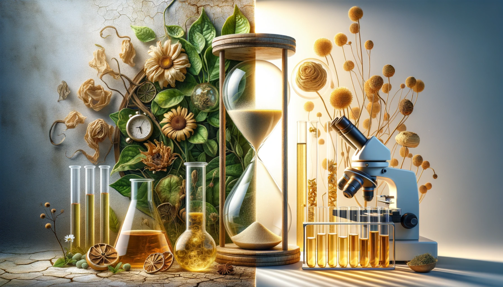 An evocative representation of the skin aging science. On the left, withering green tea leaves, dried aloe vera, and aged chamomile flowers bathed in golden sunlight symbolize the natural progression of aging. On the right, a state-of-the-art laboratory setting with glass beakers containing golden-hued extracts and a microscope emphasizes the scientific exploration of skin health. The central wooden hourglass with cascading golden sands seamlessly connects nature's aging process with scientific understanding