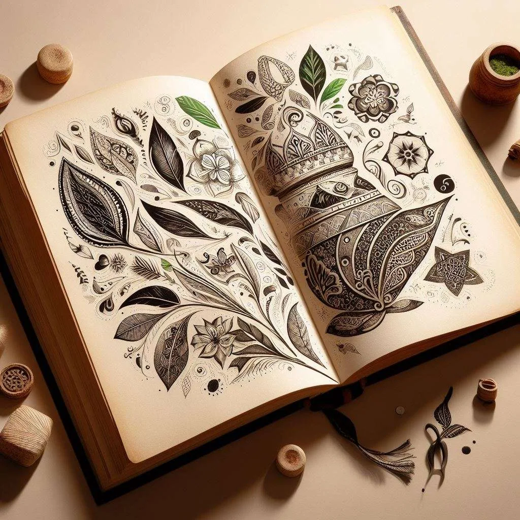An open book representing the wellness journey with Lawsonia inermis Linn. One page features artistic henna elements like leaves and tattoos, The image embodies the balance between tradition and natural skincare