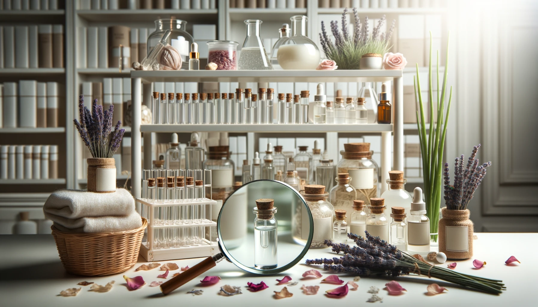 laboratory with shelves of test tubes containing clear liquids. Natural ingredients like lavender, rose petals, and aloe vera are spread on a white table. In the foreground, a magnifying glass focuses on a skincare product label, emphasizing scientific analysis