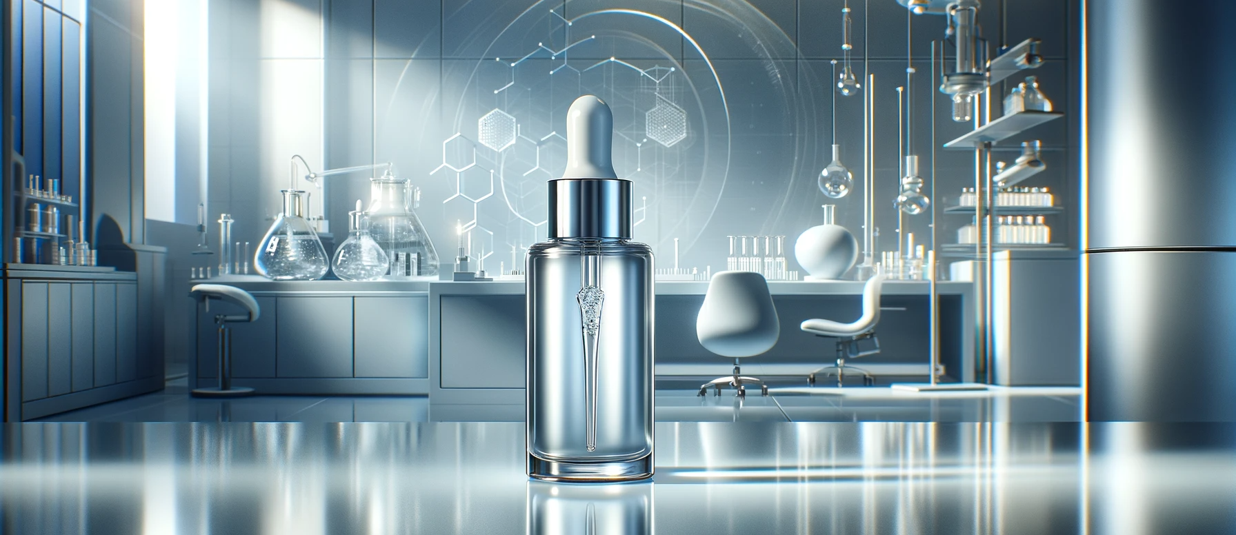 Modern laboratory showcasing a hyaluronic acid serum in an elegant glass bottle, set against high-tech equipment. The image has a sleek, professional design with a calming blue, white, and silver color palette, emphasizing advanced skincare science.