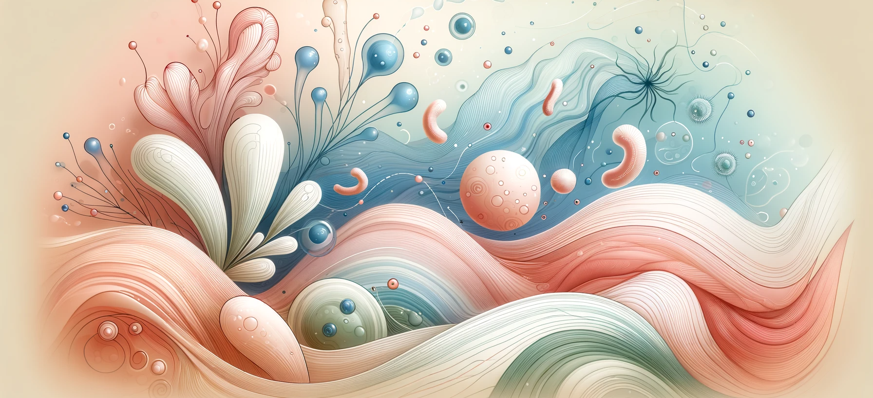Abstract, soothing illustration for a skincare article, showcasing a balanced skin microbiome with soft pastel colors and flowing lines, symbolizing a harmonious and healthy skin environment