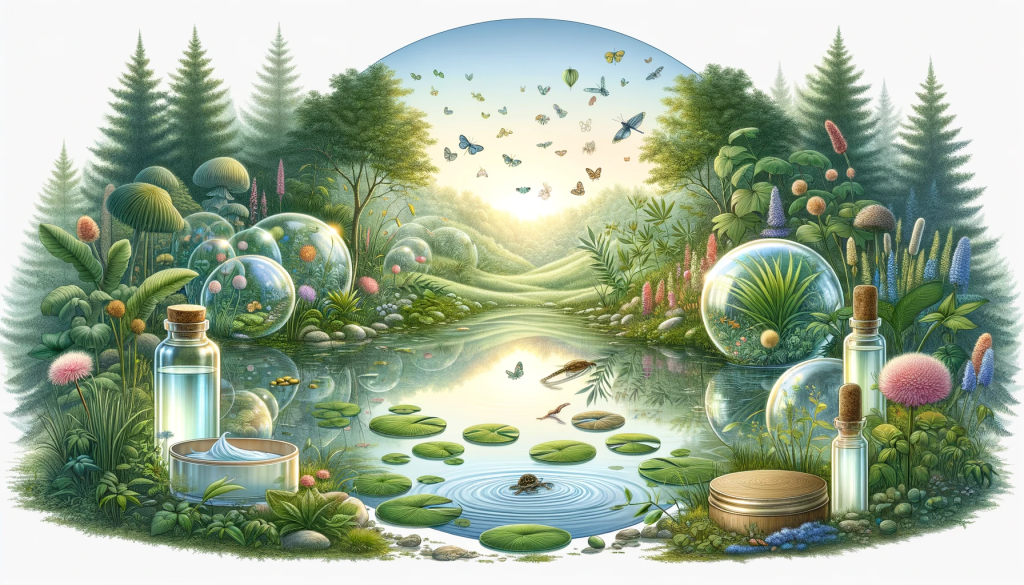A serene and detailed illustration representing the Skin Microbiome Trilogy of Prebiotics, Probiotics, and Postbiotics. The image features a tranquil ecosystem with a calm pond, lush plants, and diverse wildlife, symbolizing a balanced and healthy skin microbiome. Subtle elements like a softly glowing light and gentle water ripples metaphorically depict the nurturing effects of these skincare components, emphasizing harmony and health in skincare practices
