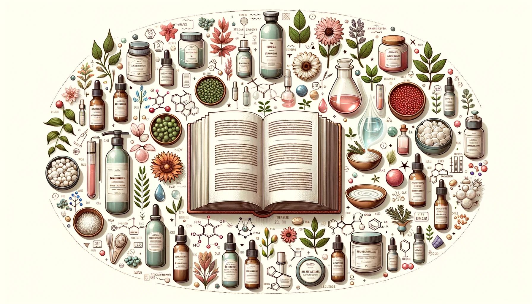 Illustration of a semi-circle layout. On the left side, hand-drawn skincare products like creams and serums are depicted. On the right side, scientific elements such as test tubes and a microscope are illustrated. At the center of the semi-circle, an open book displays pages highlighting both natural ingredients and scientific formulas in skincare.